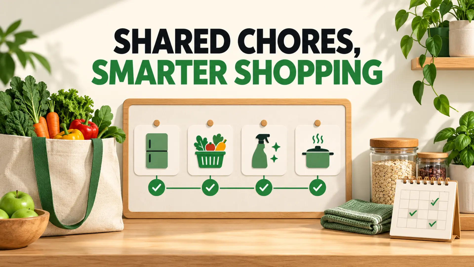 Shared chore and grocery workflow connecting a fridge check, grocery shopping, kitchen cleaning, and meal preparation