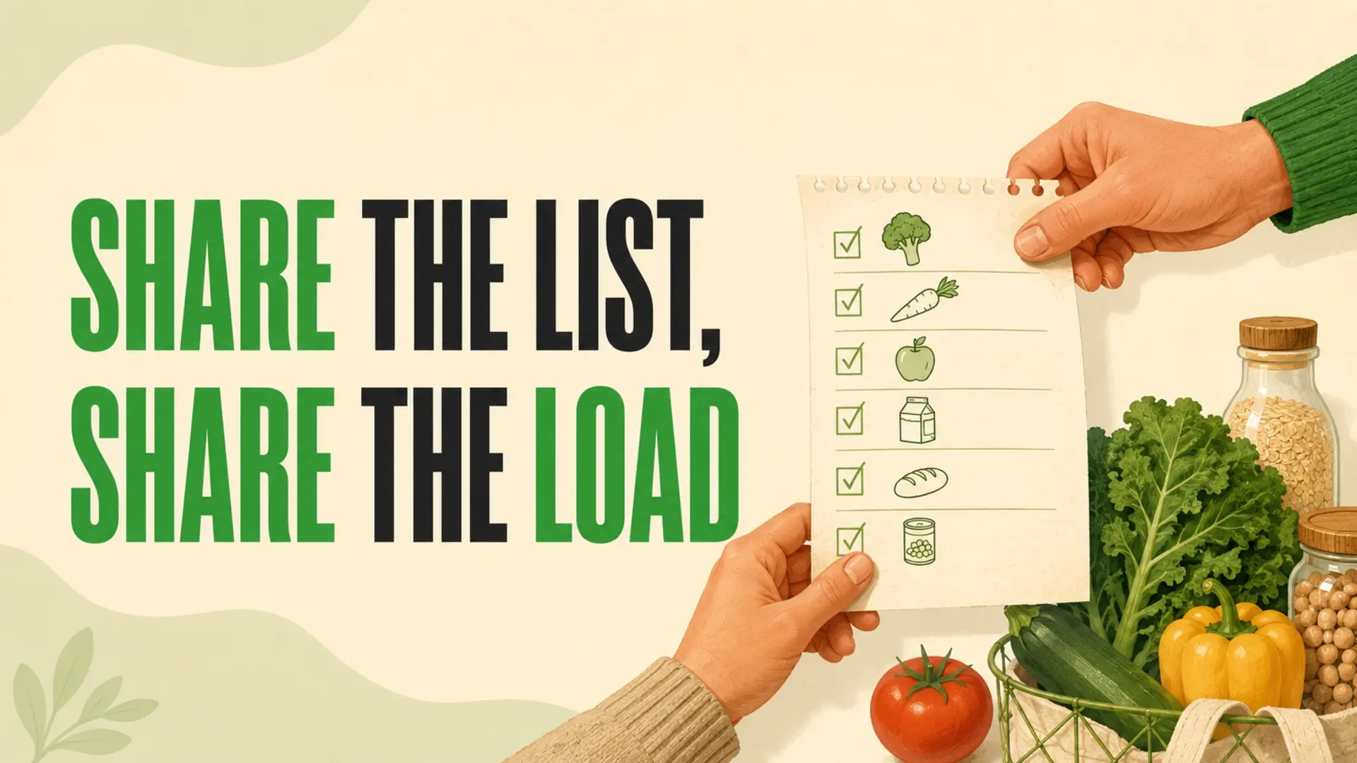 Shared grocery list mental load routine with two people holding one organized grocery checklist