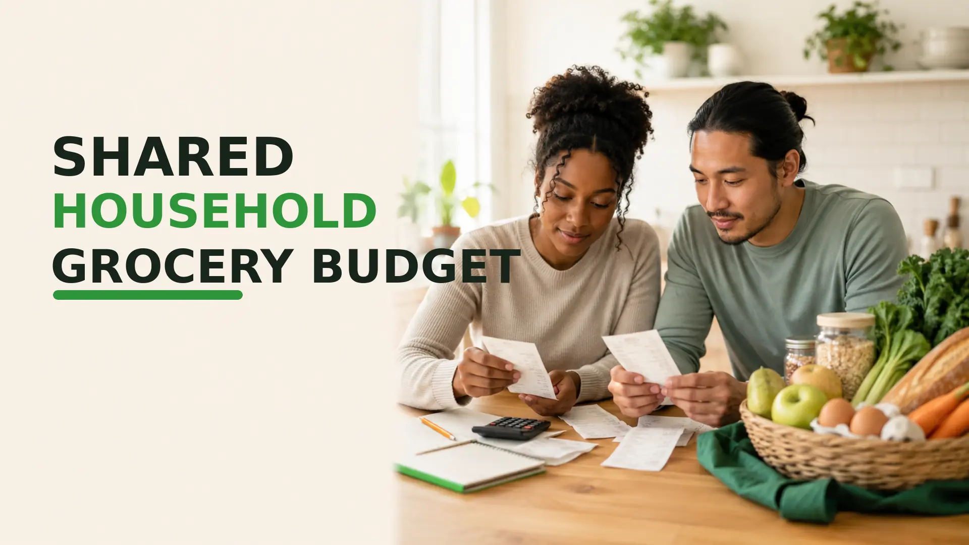 Shared household grocery budget planning with two adults reviewing receipts, a calculator, notebook and healthy groceries