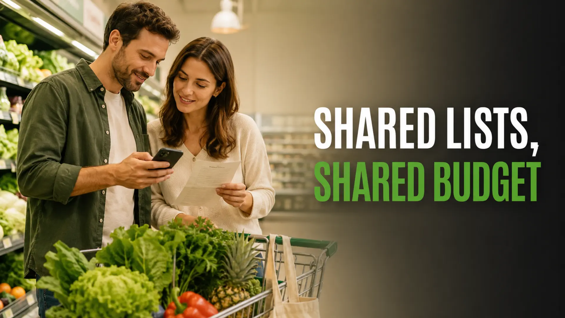 Couple using shared grocery lists to stay aligned with their household budget
