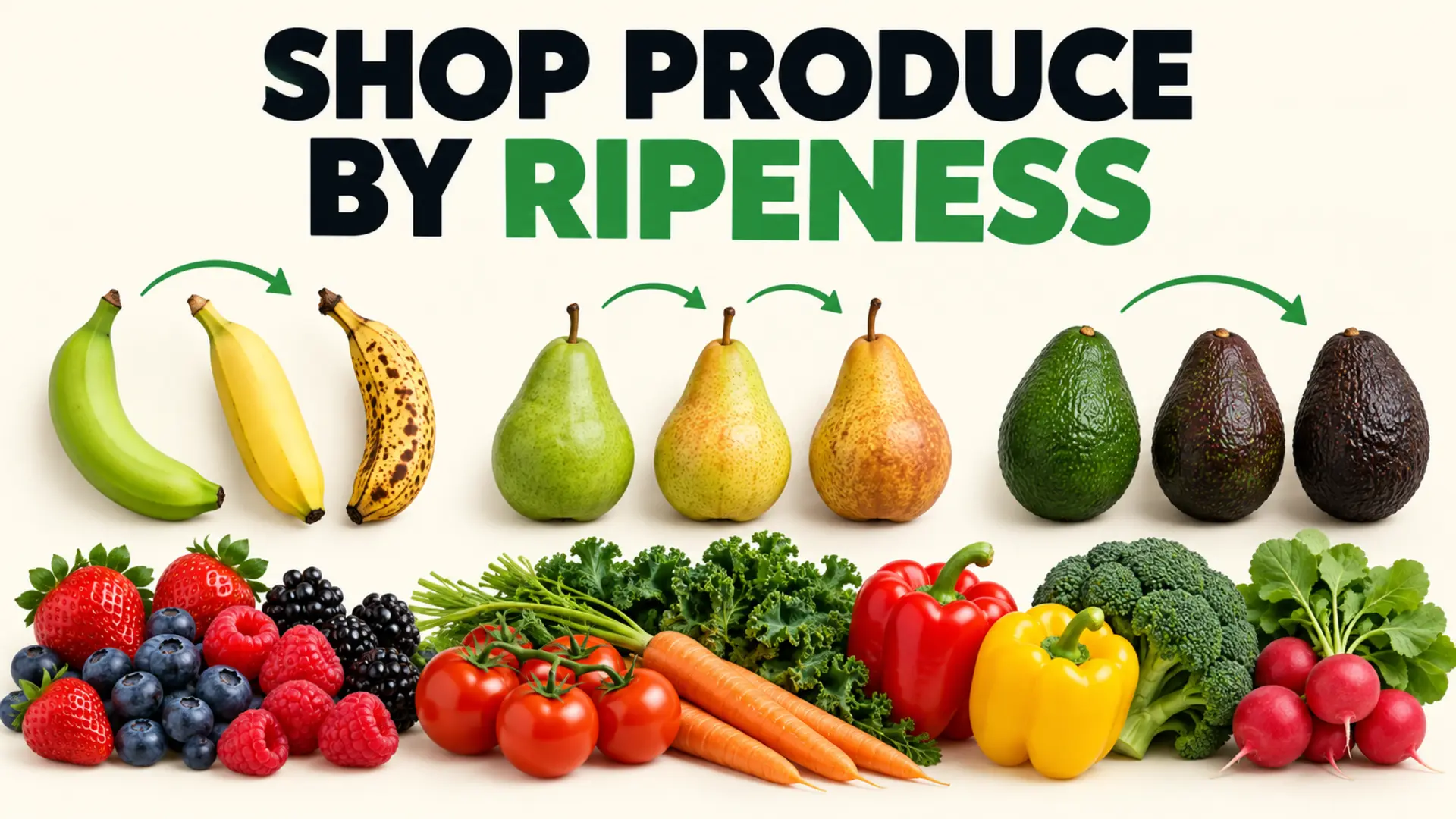Shop produce by ripeness with bananas, pears and avocados at different stages