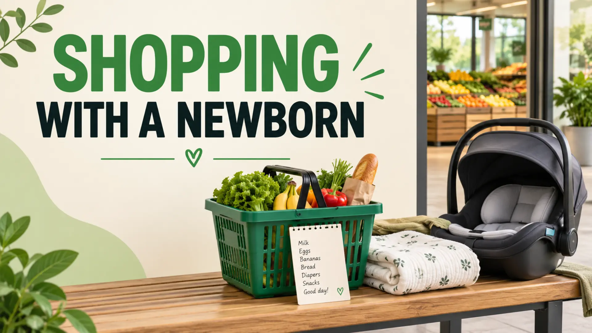 Grocery shopping plan for a newborn with a basket, short list, blanket and infant carrier