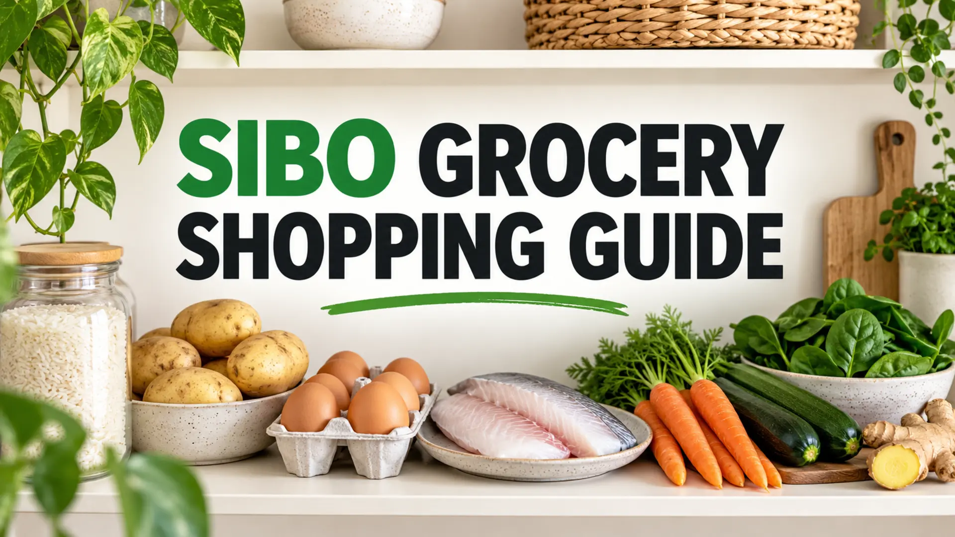 SIBO grocery shopping guide with rice, potatoes, eggs, fish, carrots, zucchini and ginger
