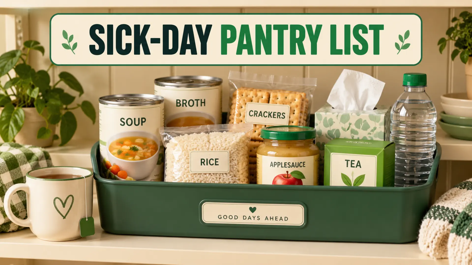 Sick-day pantry list with soup, broth, rice, crackers, applesauce, tea and water