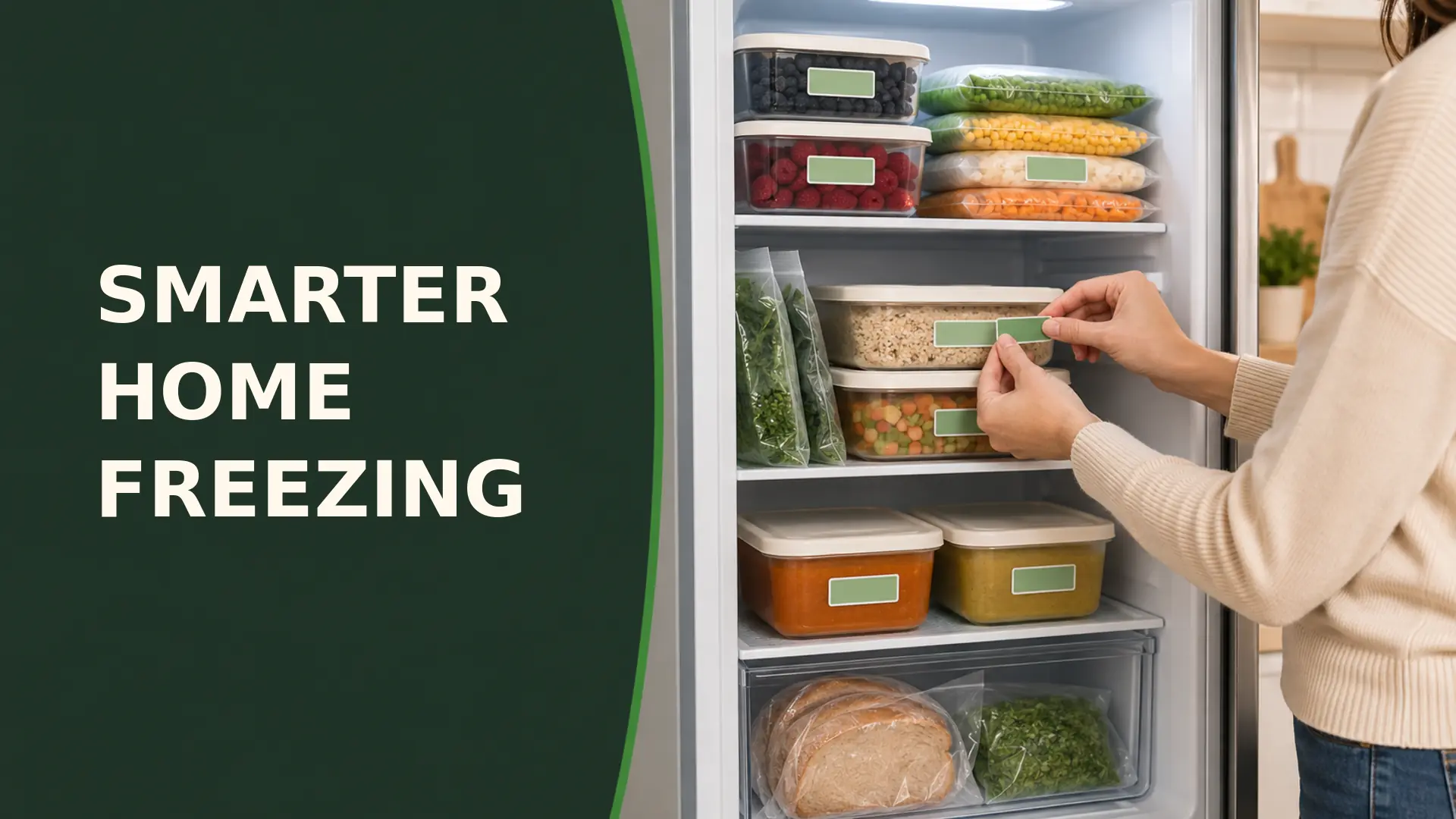 How to freeze food with labelled containers of berries, vegetables, grains, soup, bread and herbs in an organized home freezer
