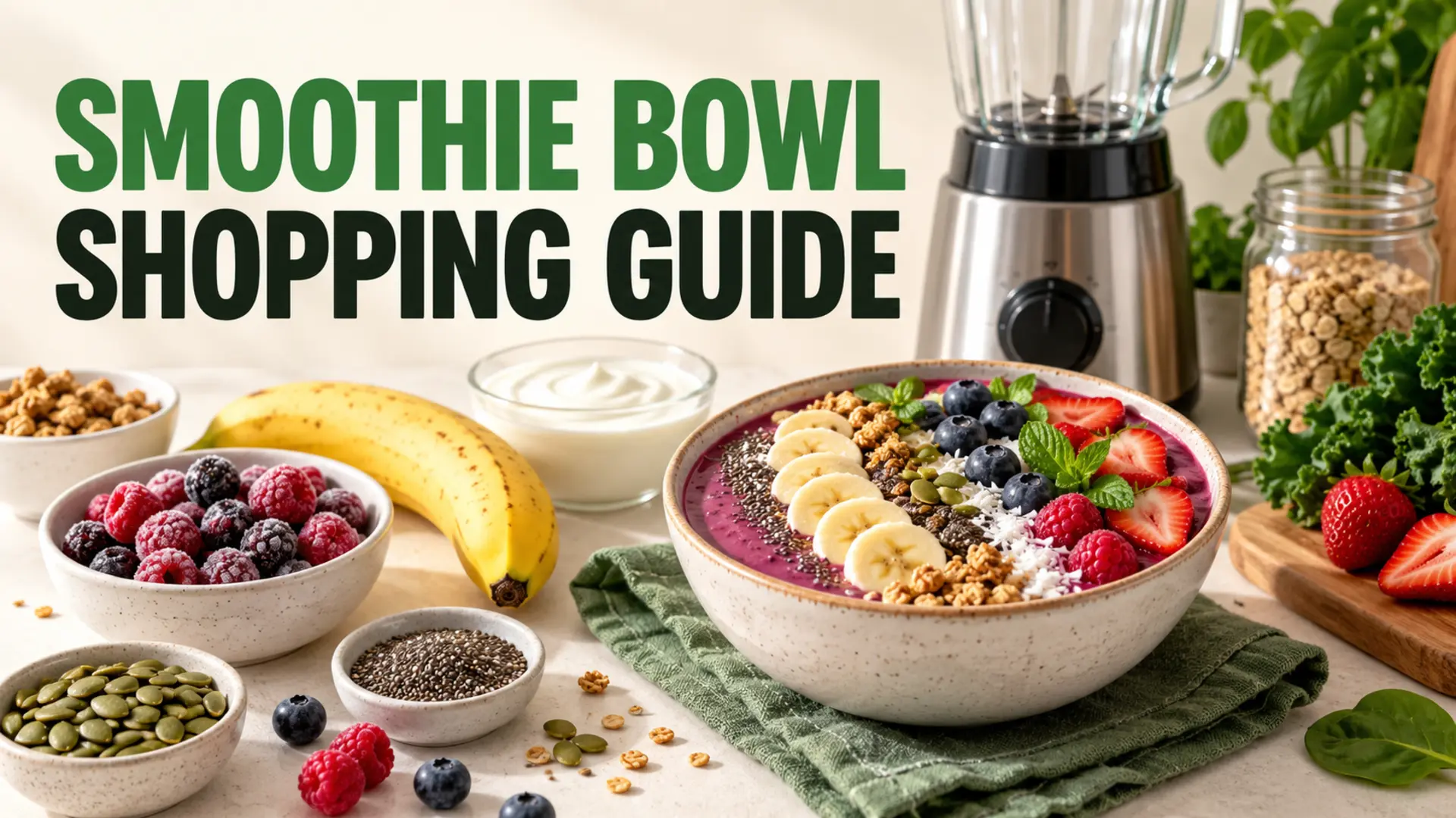 Smoothie bowl shopping guide with berries, banana, yogurt, seeds and a blender