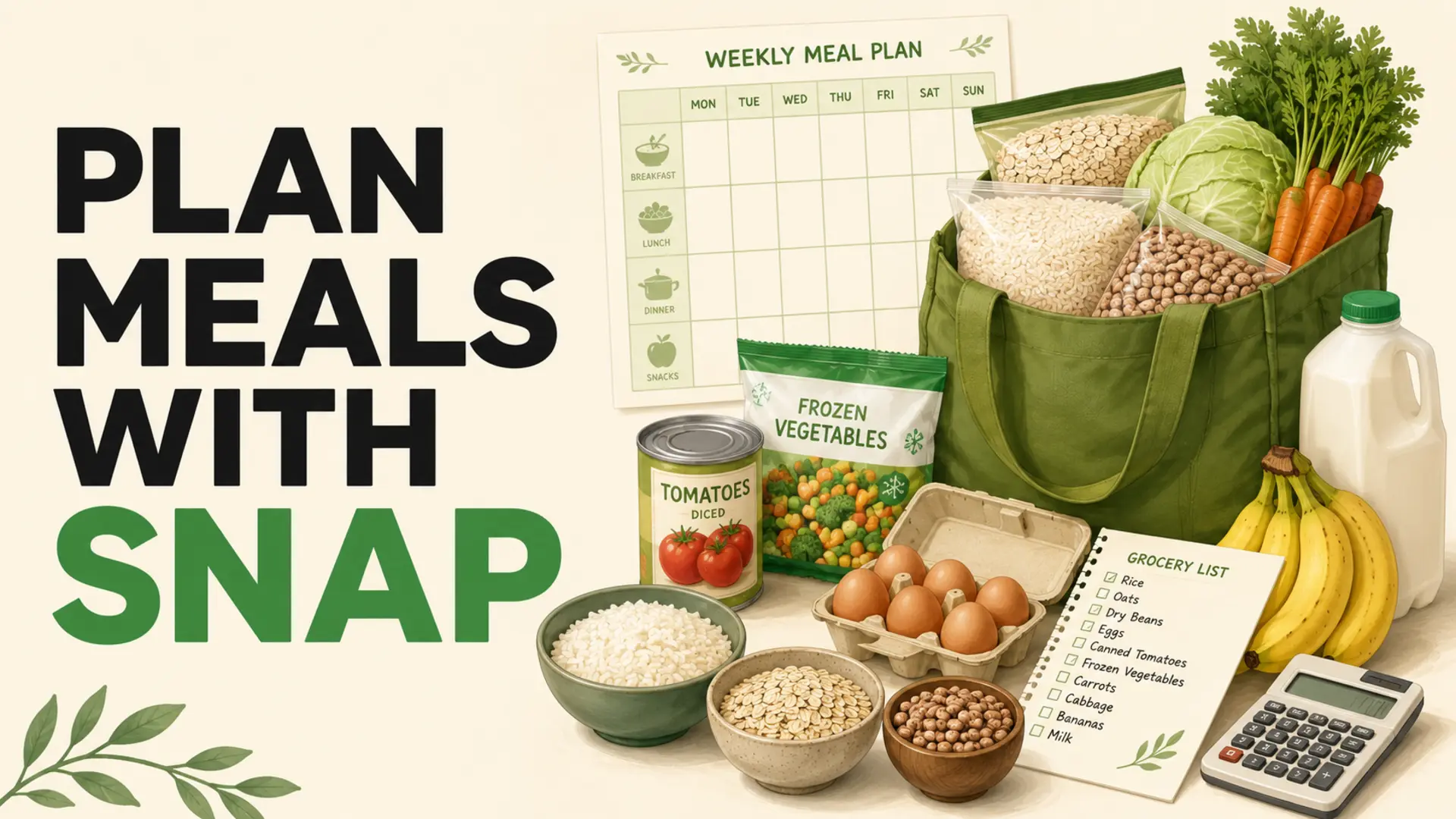 SNAP meal planning with a weekly menu, grocery list and affordable staples including rice, oats, beans, eggs and vegetables