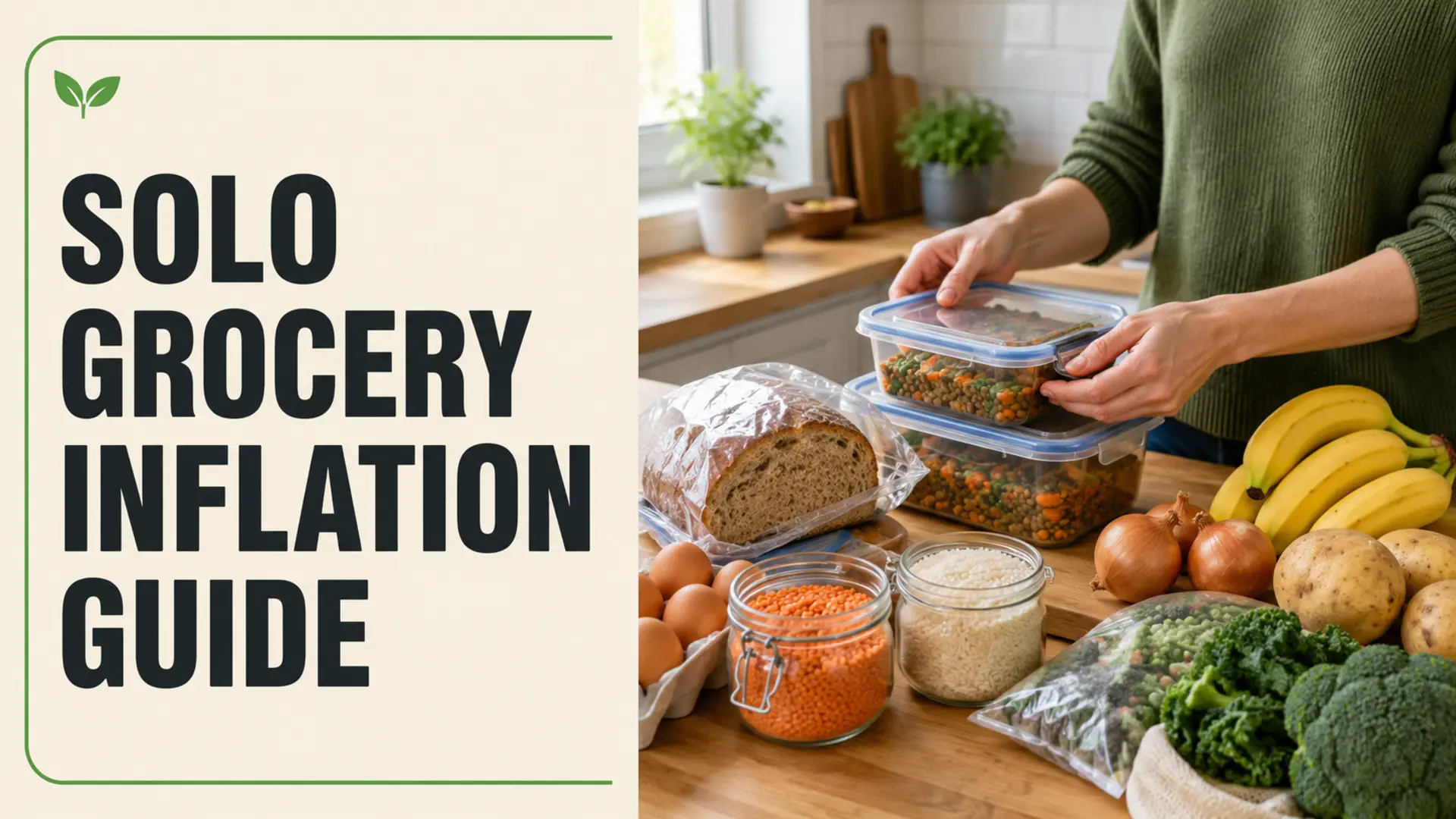 Solo grocery inflation guide with single-person portions, rice, lentils, eggs, bread, frozen vegetables and produce