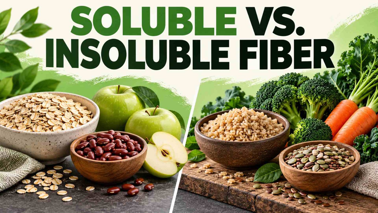 Soluble versus insoluble fiber foods with oats, beans, apples, grains and vegetables