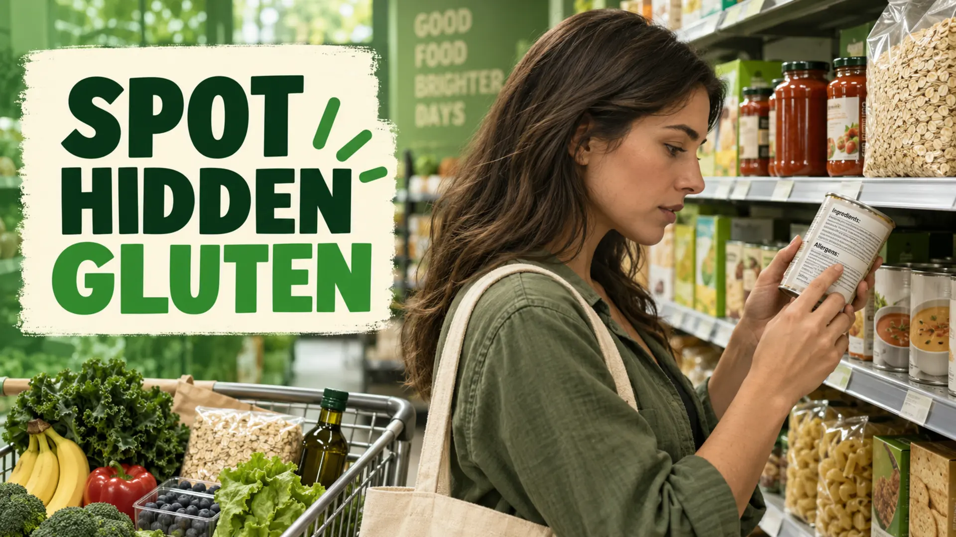 Shopper checking ingredient and allergen labels to spot hidden gluten in everyday grocery products