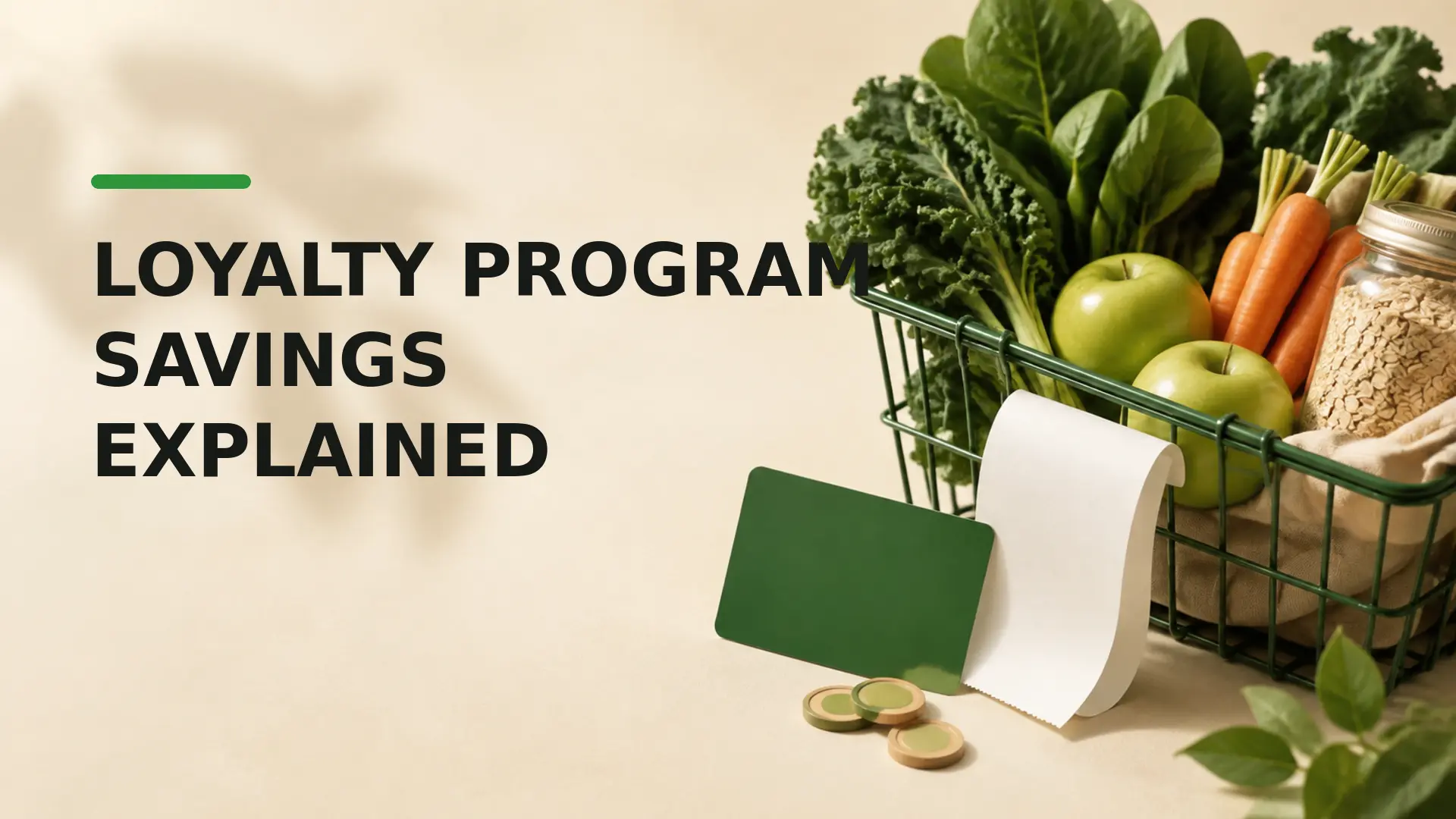 Store loyalty program savings represented by a membership card, grocery receipt, reward tokens and healthy grocery basket