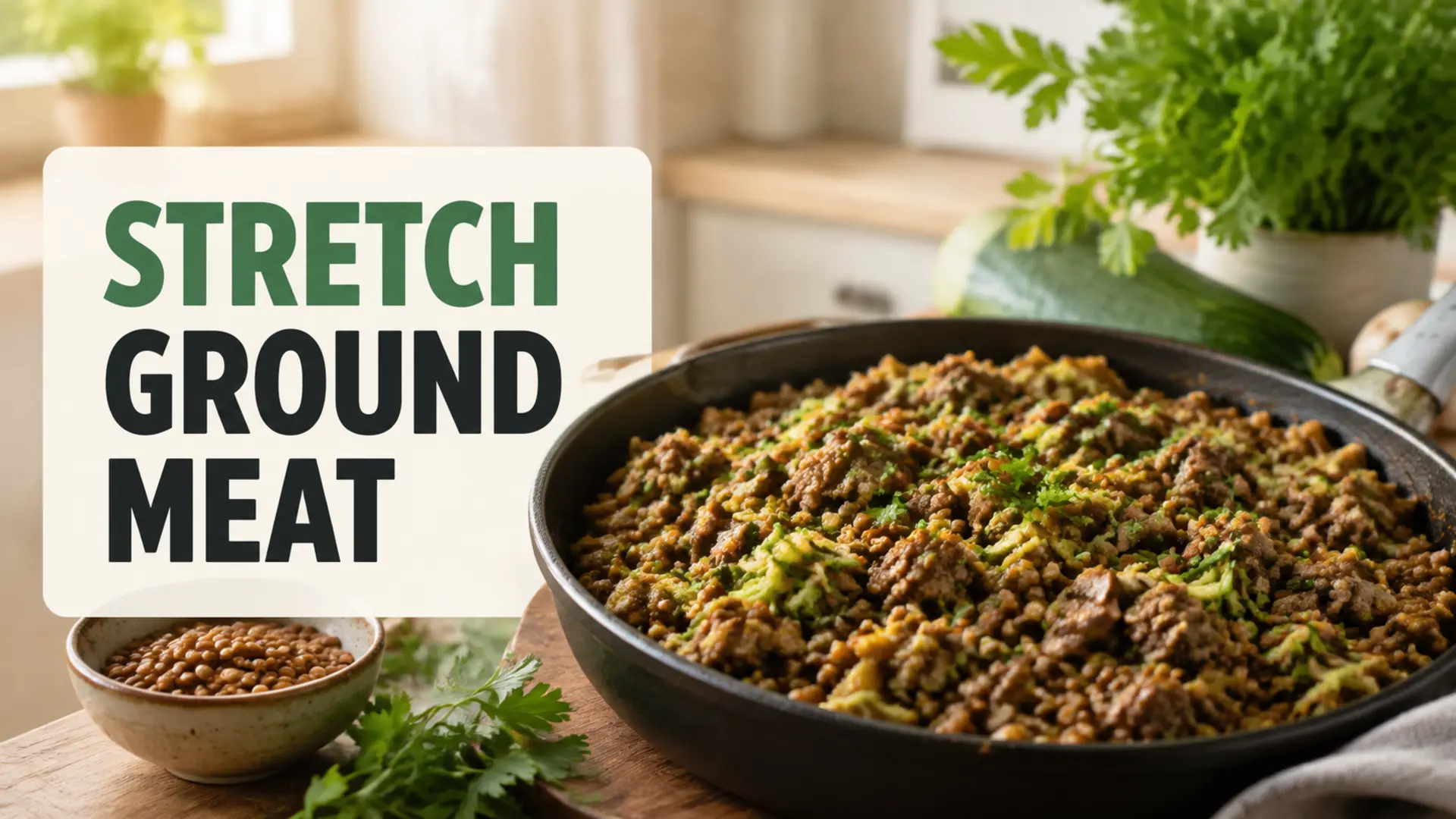 Stretch ground meat with lentils, mushrooms and grated zucchini in a skillet