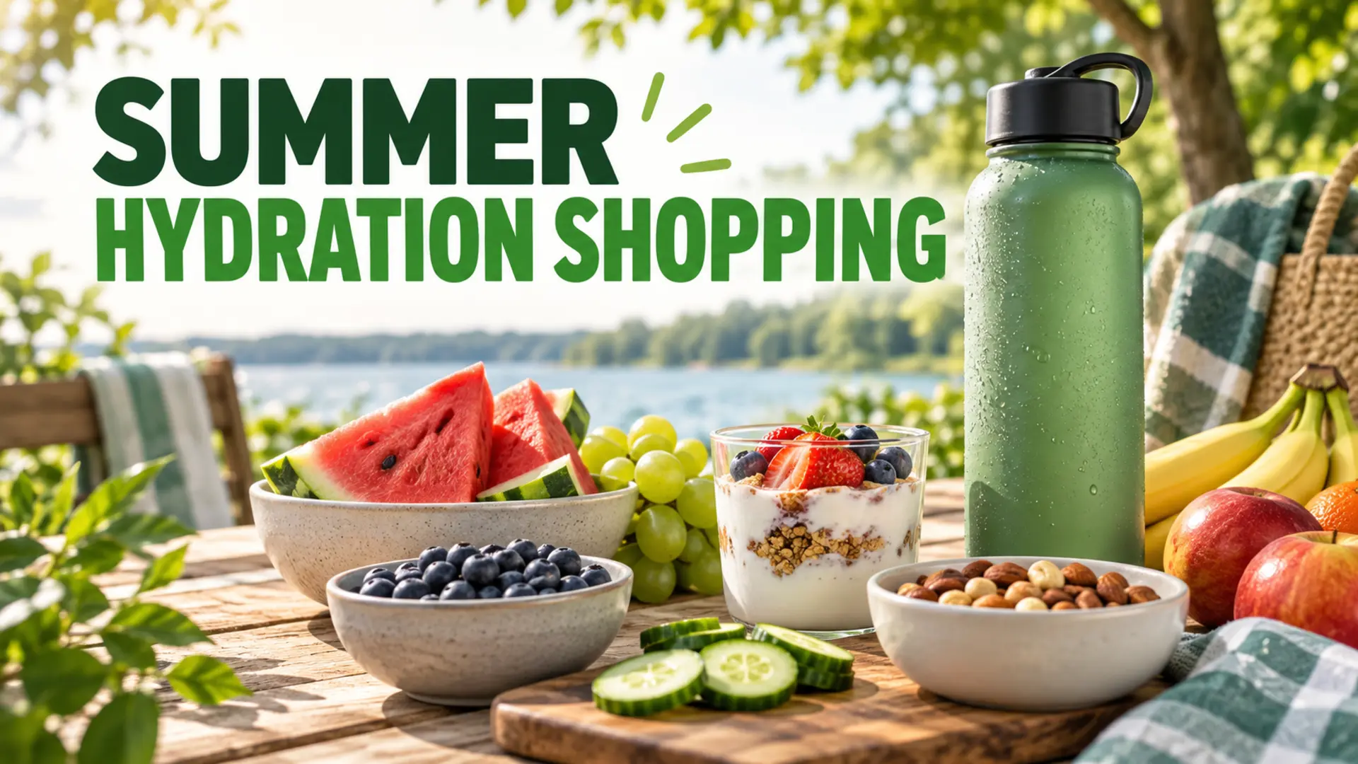 Summer hydration shopping with water, fruit, yogurt and simple snacks