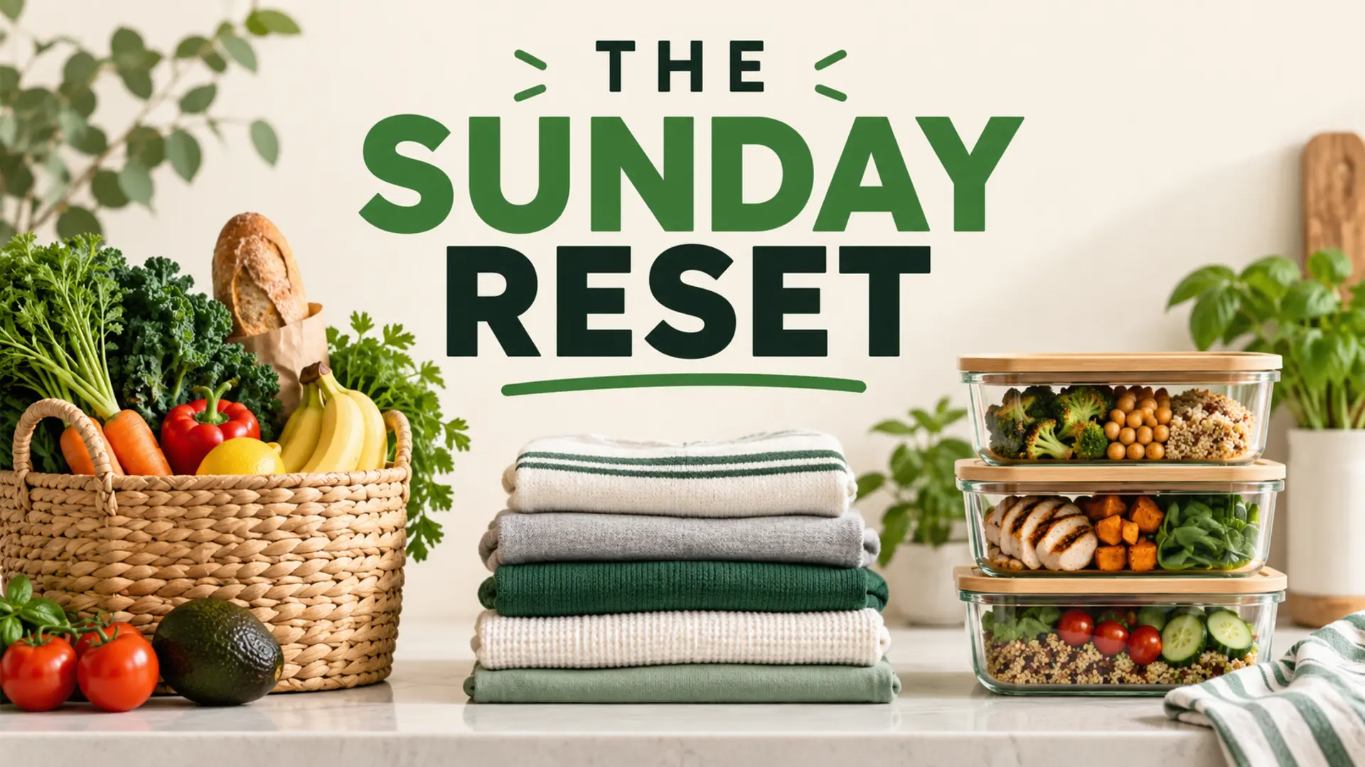 Sunday reset checklist with groceries, folded laundry and prepared meals
