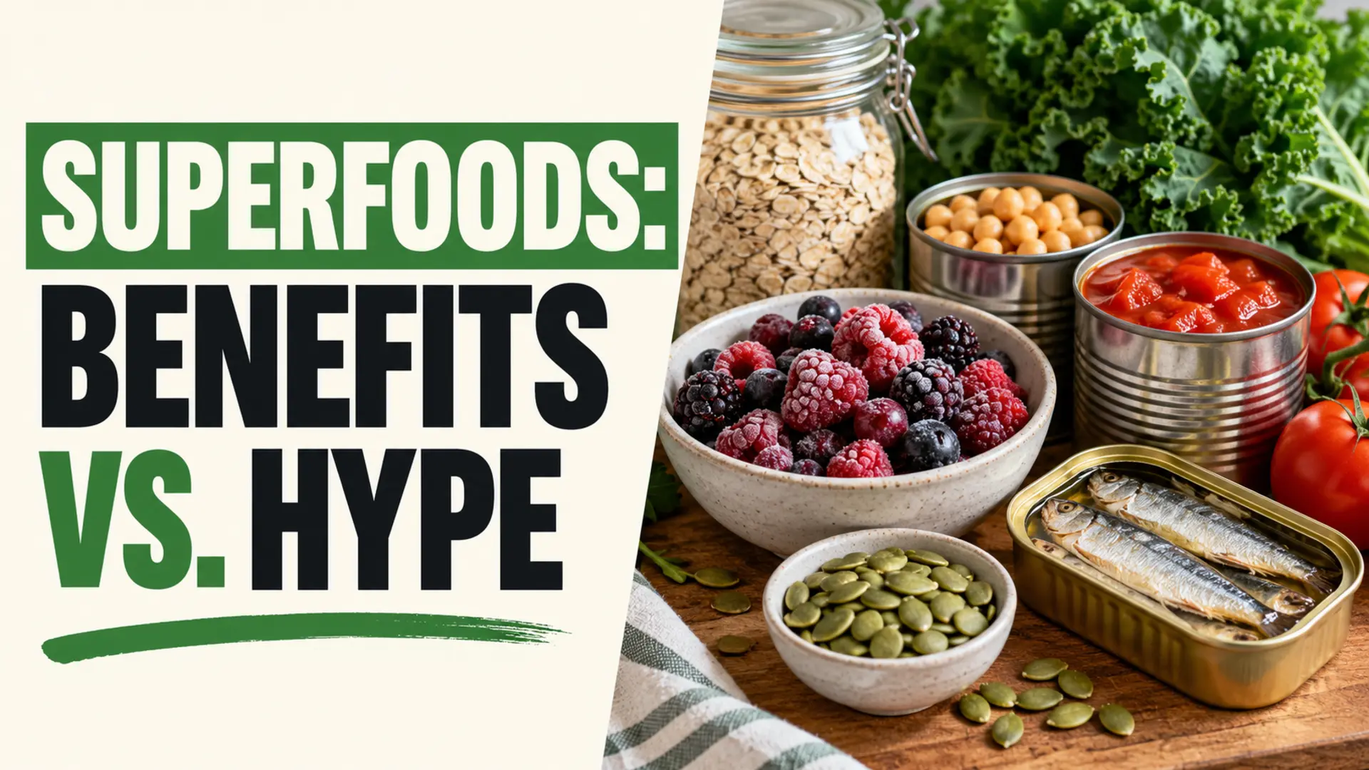 Superfoods benefits versus hype with berries, oats, beans, tomatoes, sardines, greens and seeds