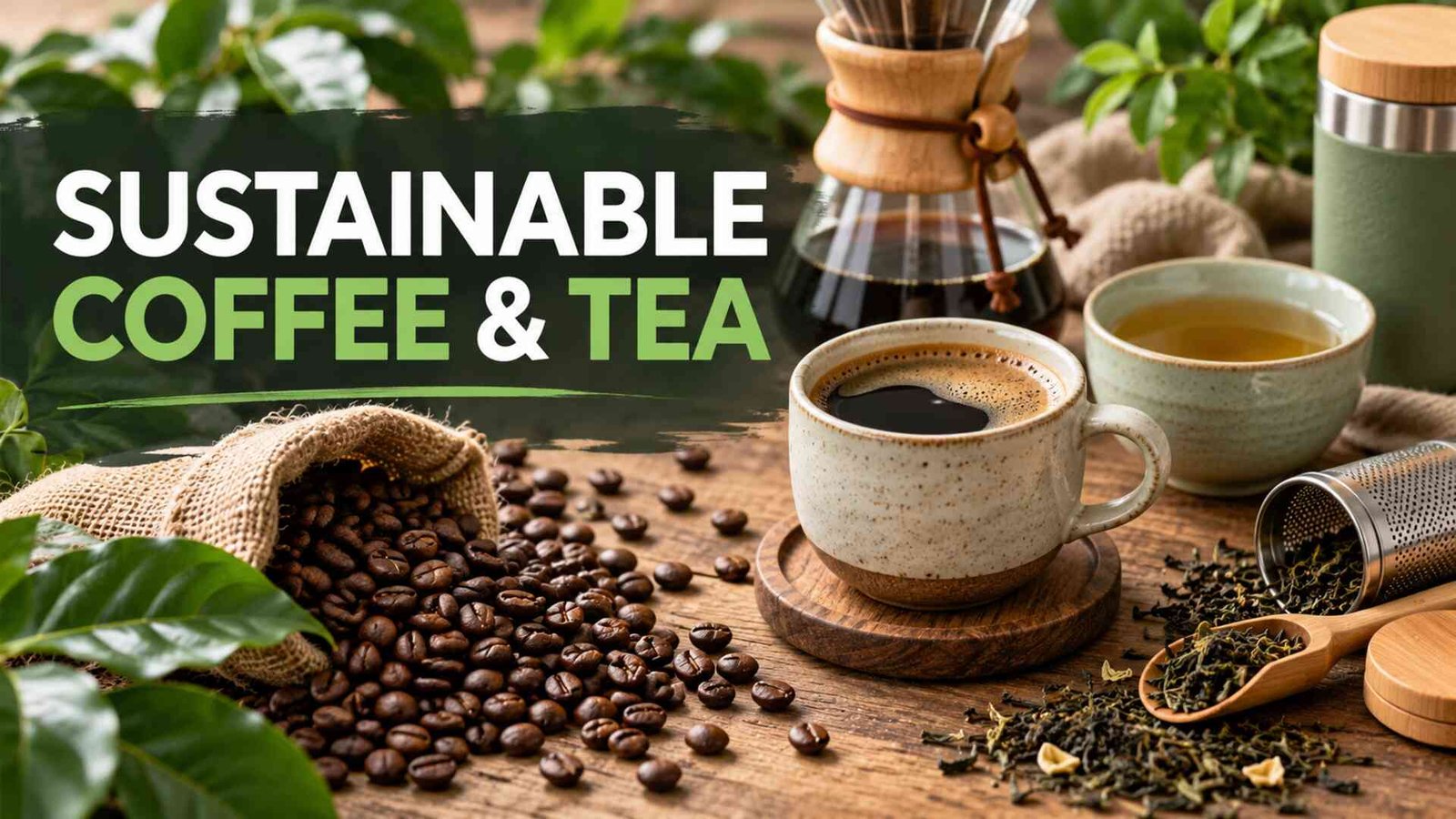 Sustainable coffee and tea shopping with beans, loose leaves and reusable brewing tools
