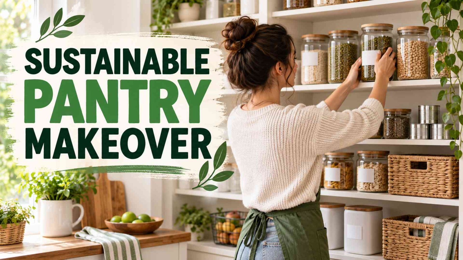 Sustainable pantry makeover with reusable jars, baskets, cans and organized staples