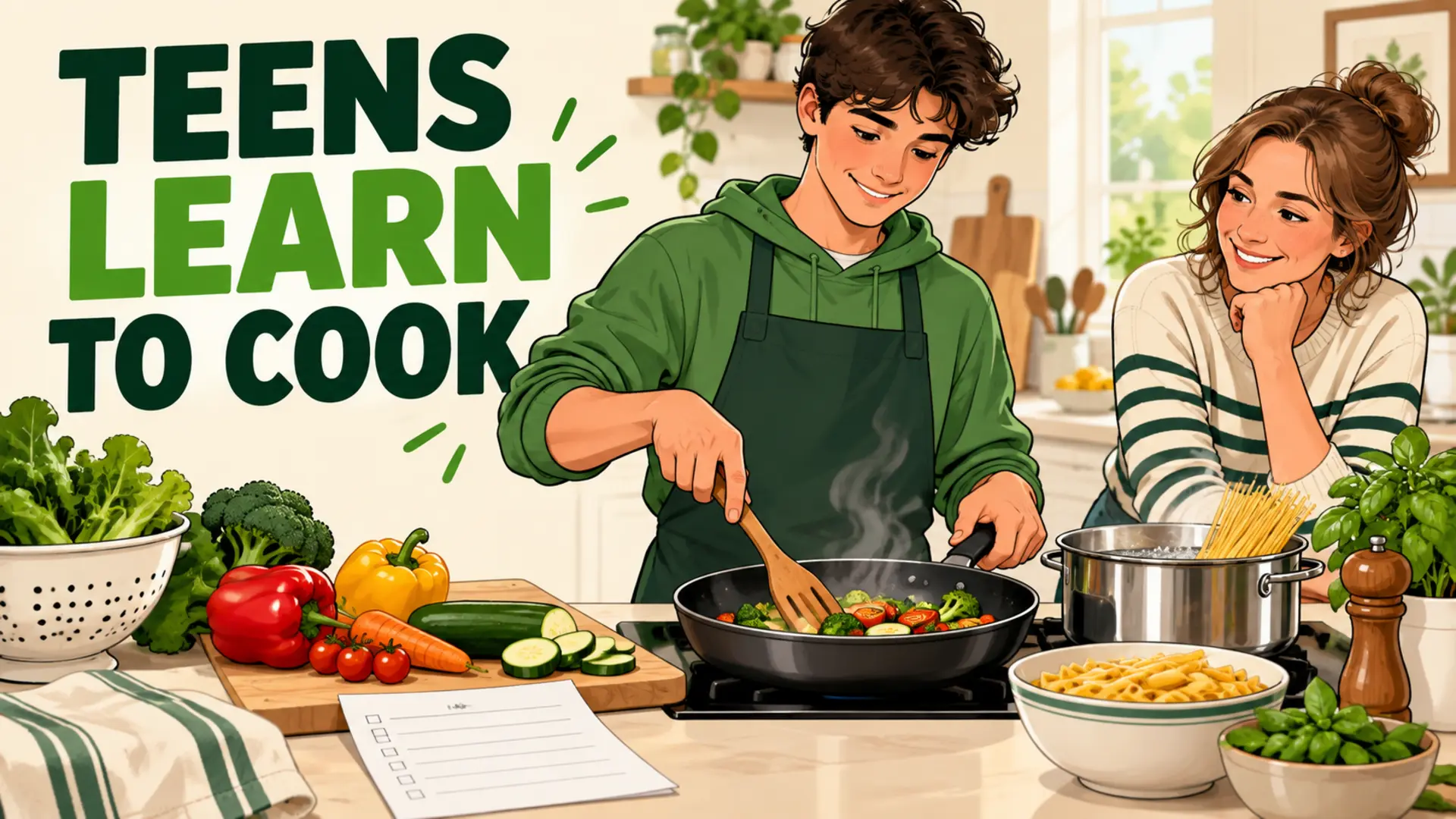 Teen learning to cook dinner safely with vegetables, pasta and adult supervision