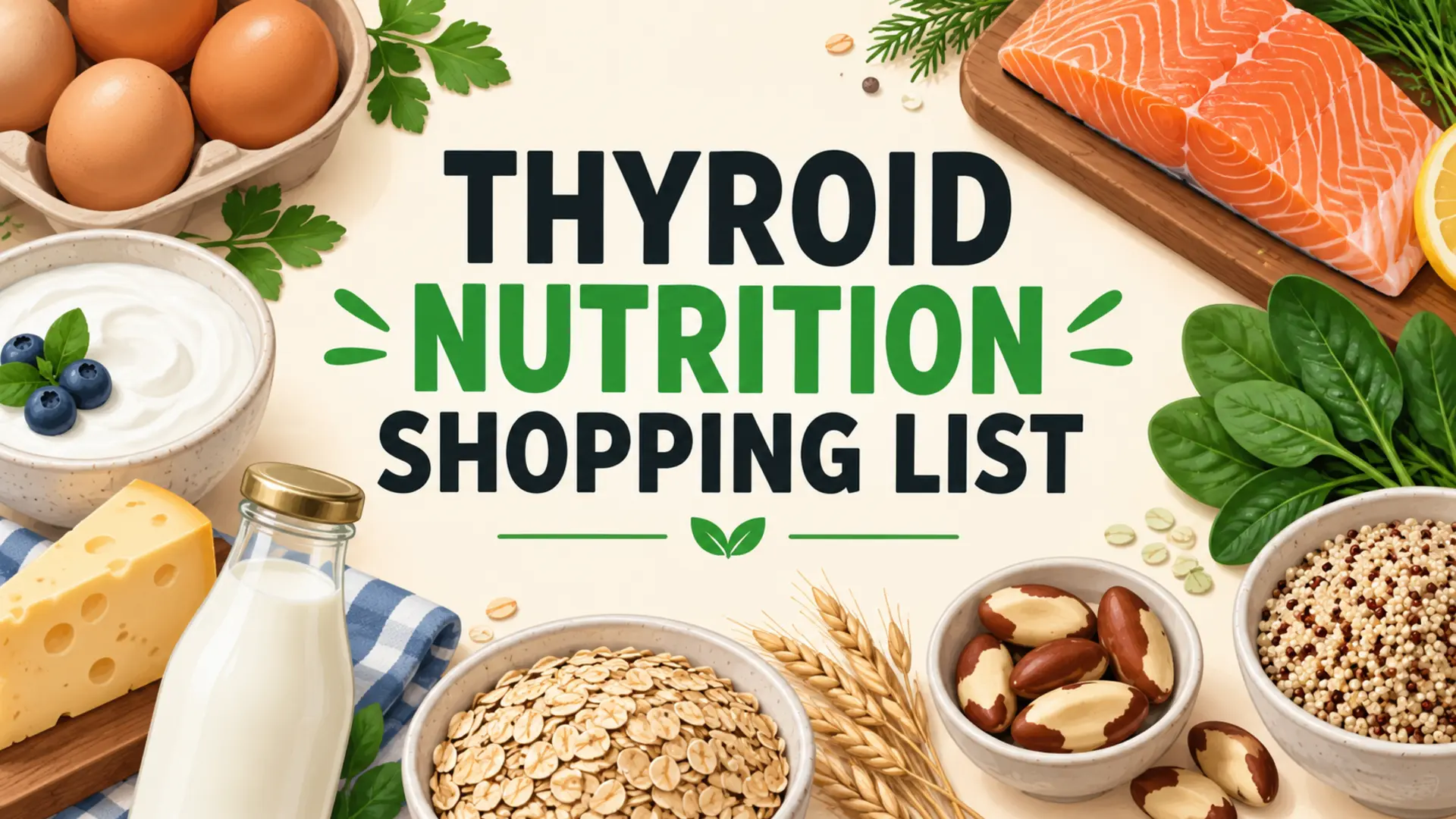 Thyroid nutrition shopping list with eggs, fish, dairy, grains, greens and Brazil nuts