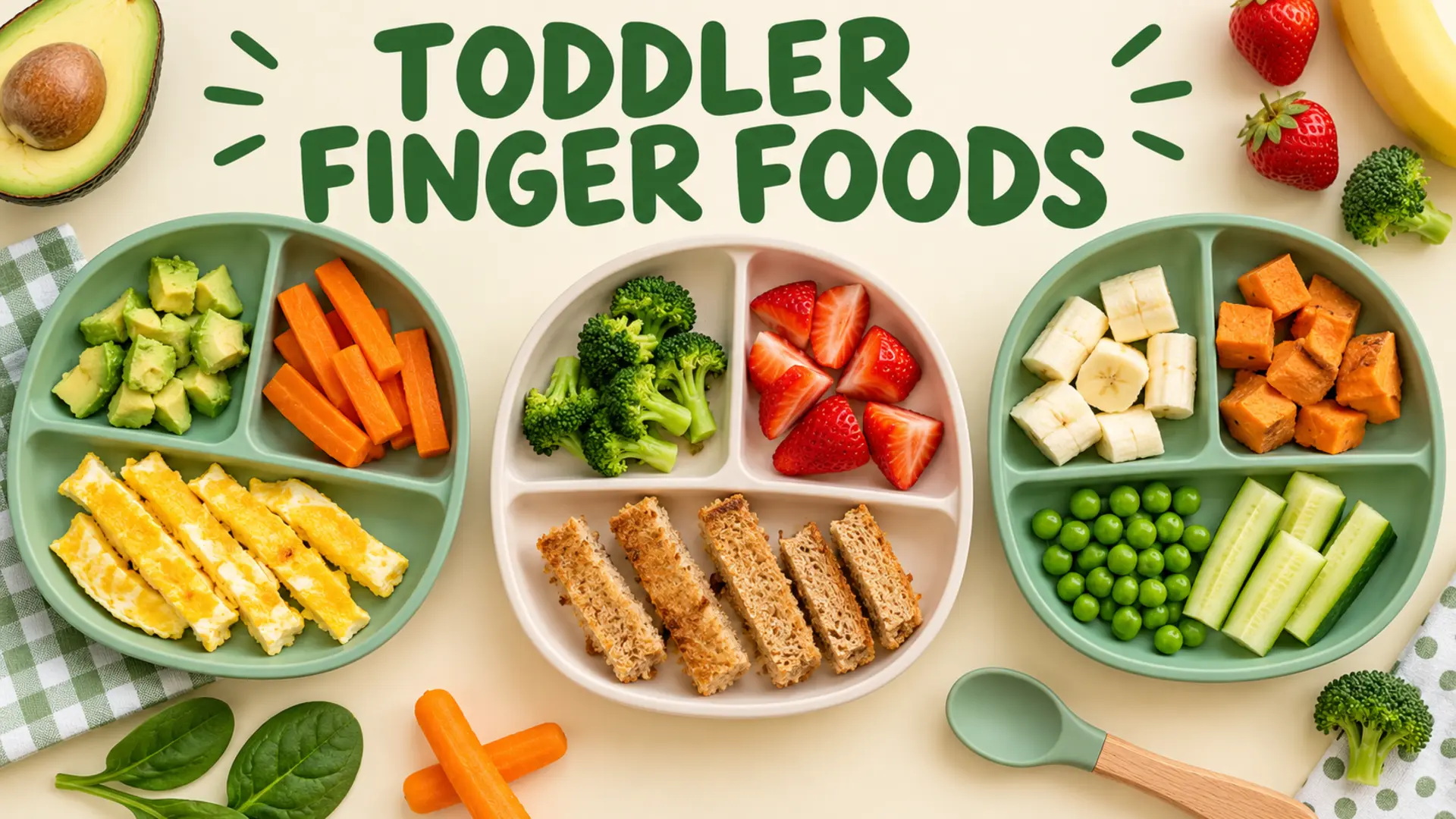 Toddler finger foods with safely prepared vegetables, fruit, egg and toast
