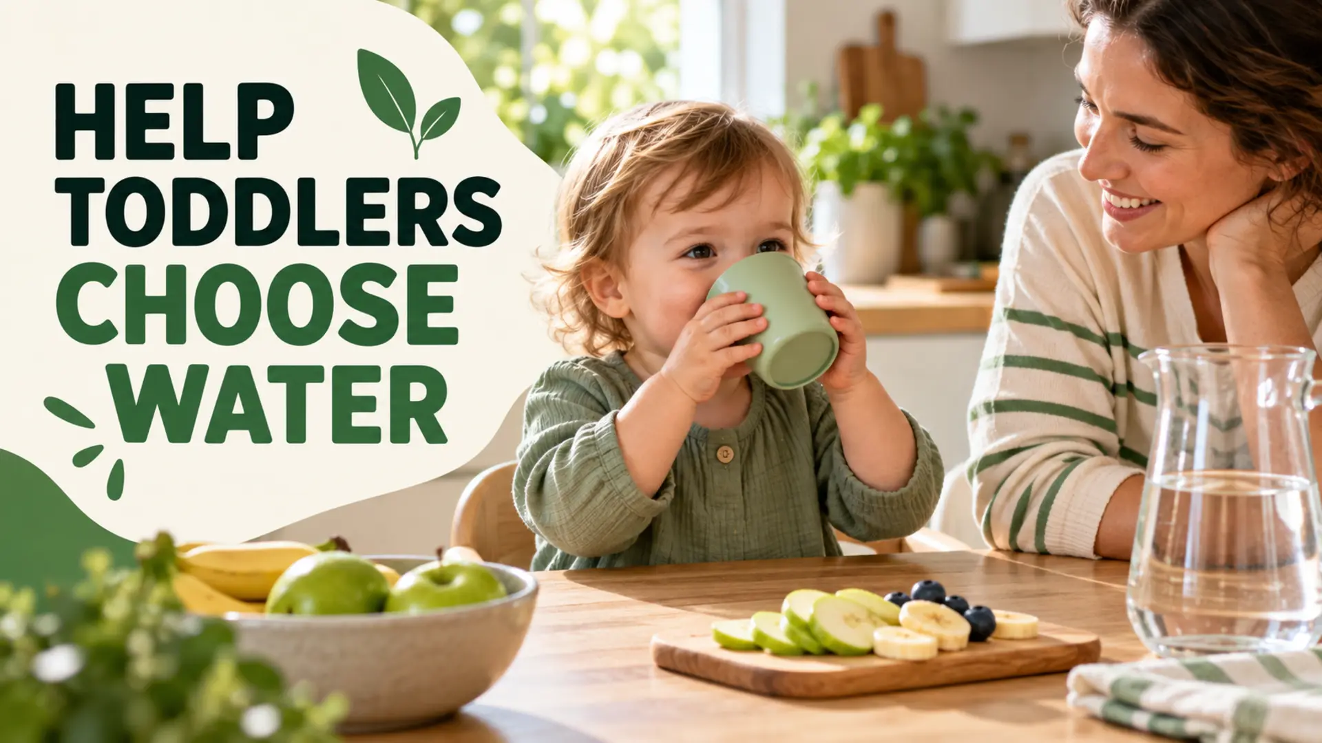 Toddler drinking water from an open cup with a parent nearby