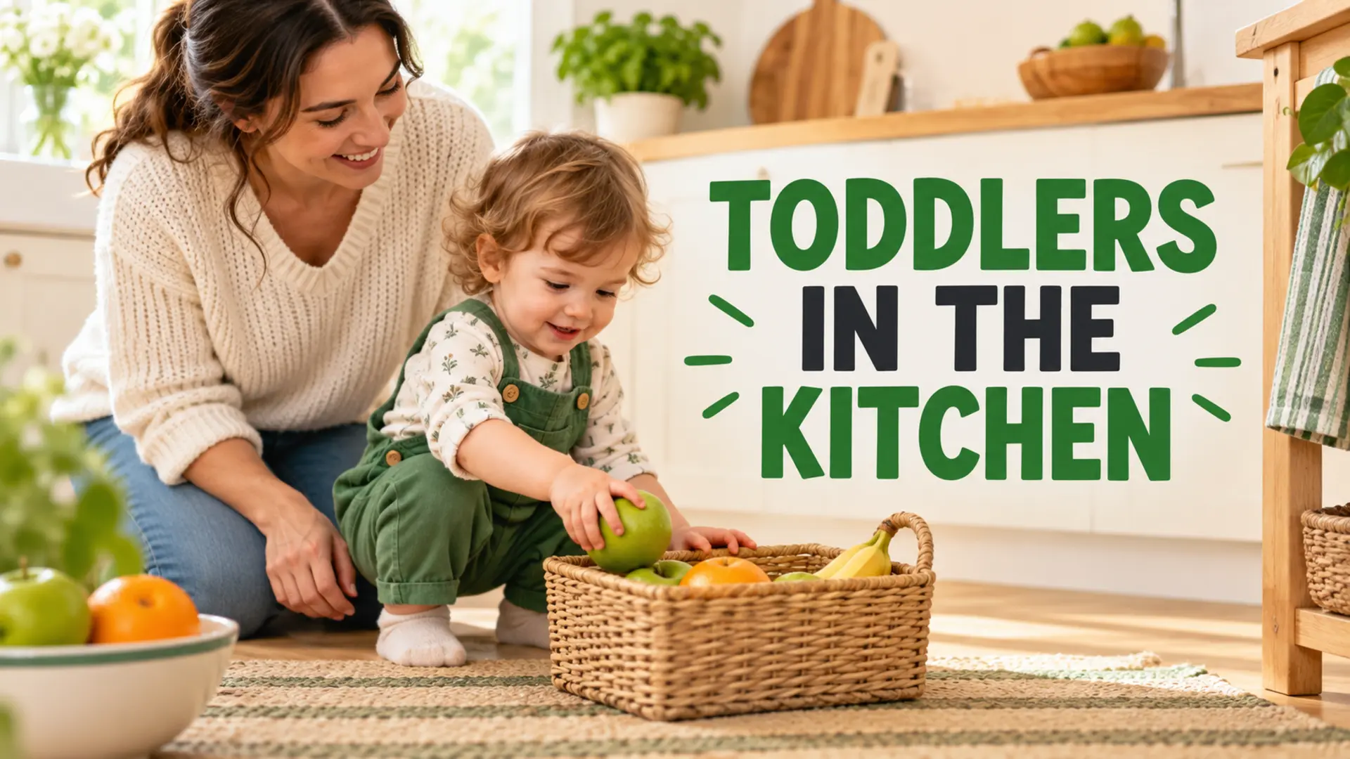 Adult supervising a toddler during safe kitchen prep and grocery unpacking