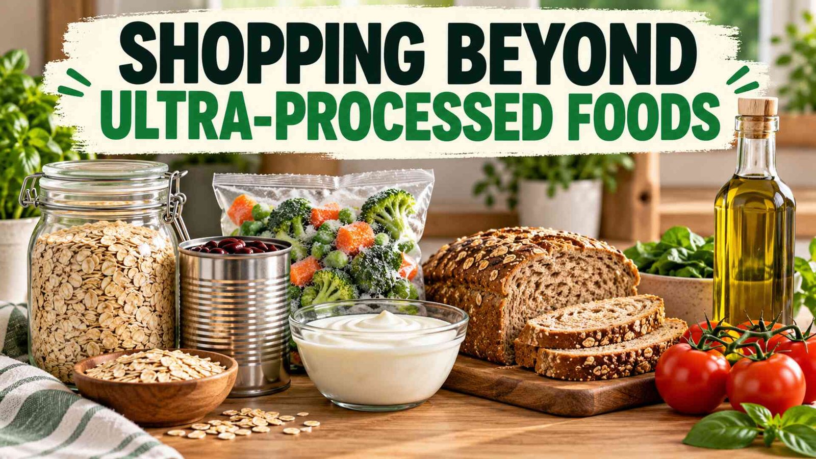 Shopping beyond ultra-processed foods with oats, beans, frozen vegetables, yogurt, bread and olive oil