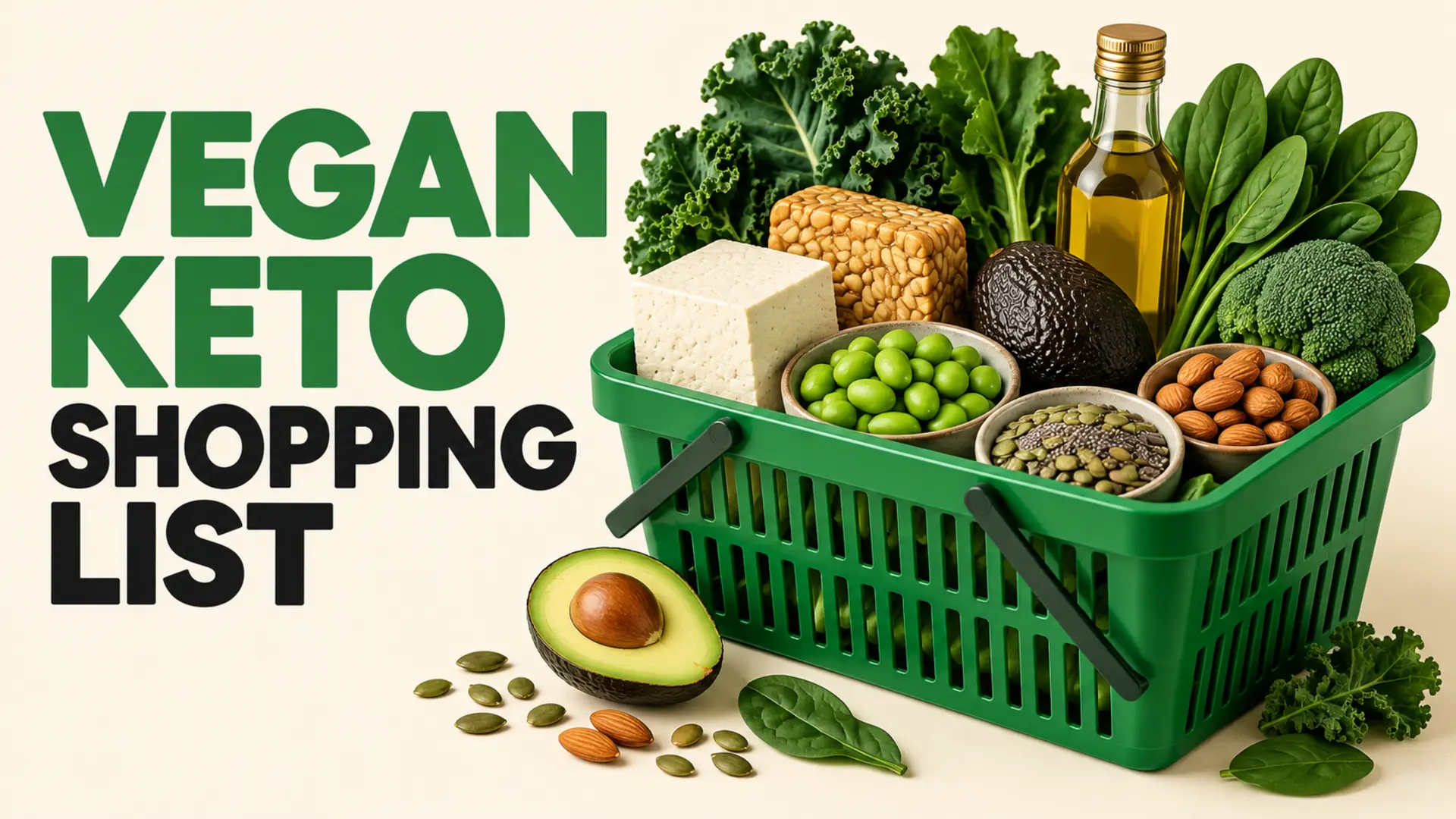 Vegan keto shopping list with tofu, tempeh, edamame, avocado, seeds, nuts and greens