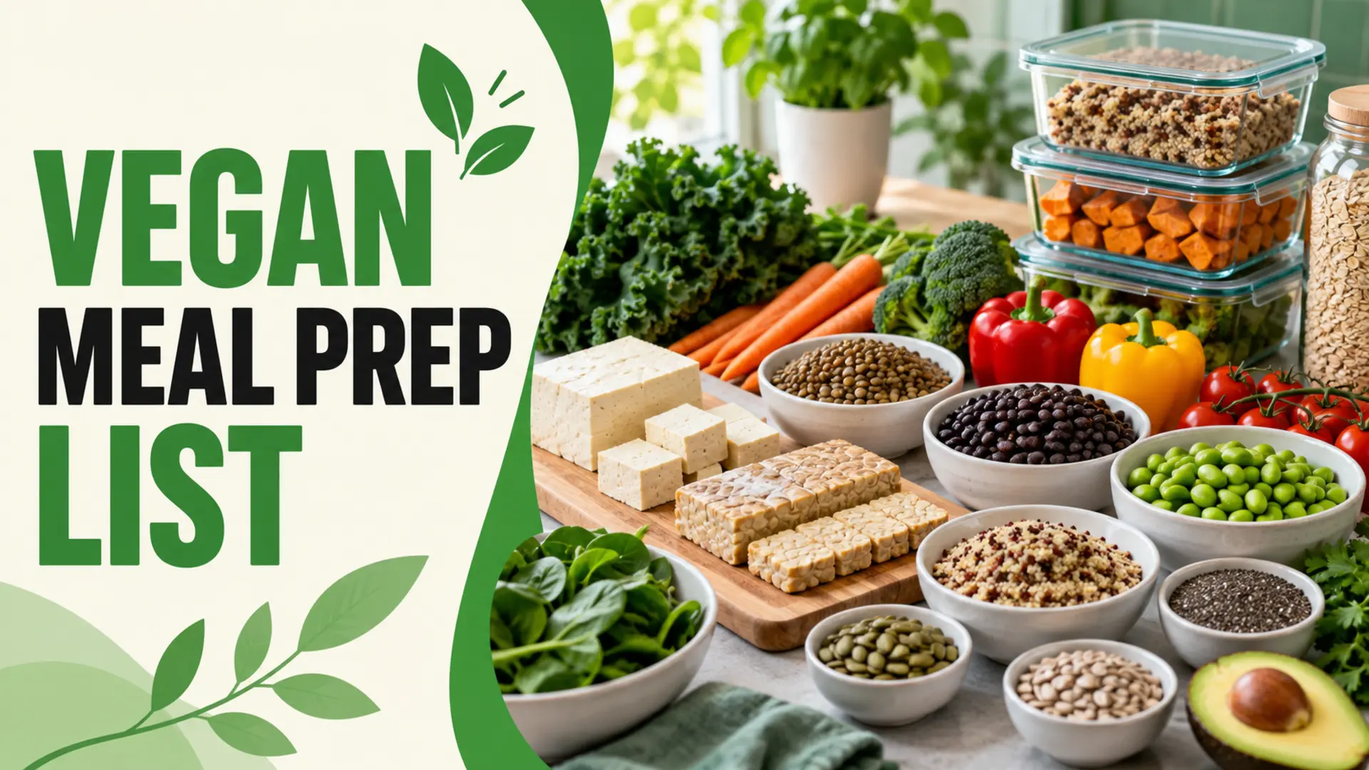 Vegan meal prep list with tofu, tempeh, lentils, beans, edamame, grains, vegetables and seeds