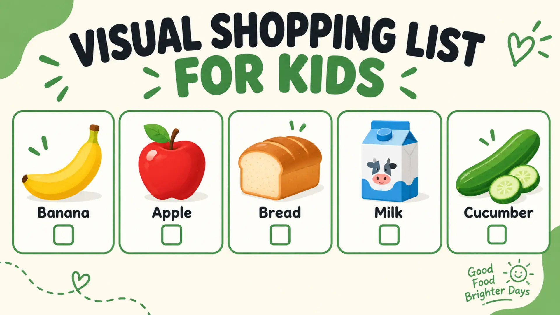 Visual shopping list for kids with pictures of bananas, apples, bread, milk and cucumber