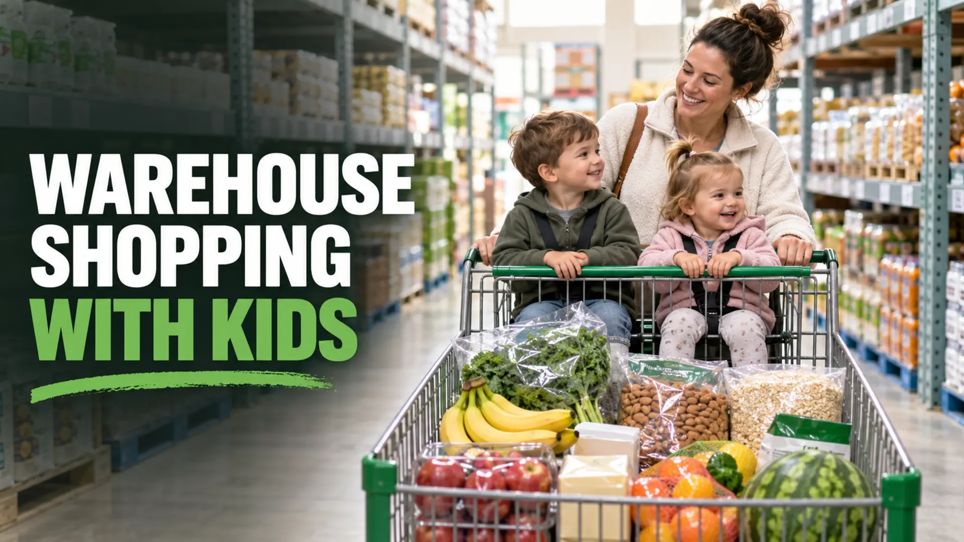 Parent shopping safely with young children and bulk groceries in a warehouse store