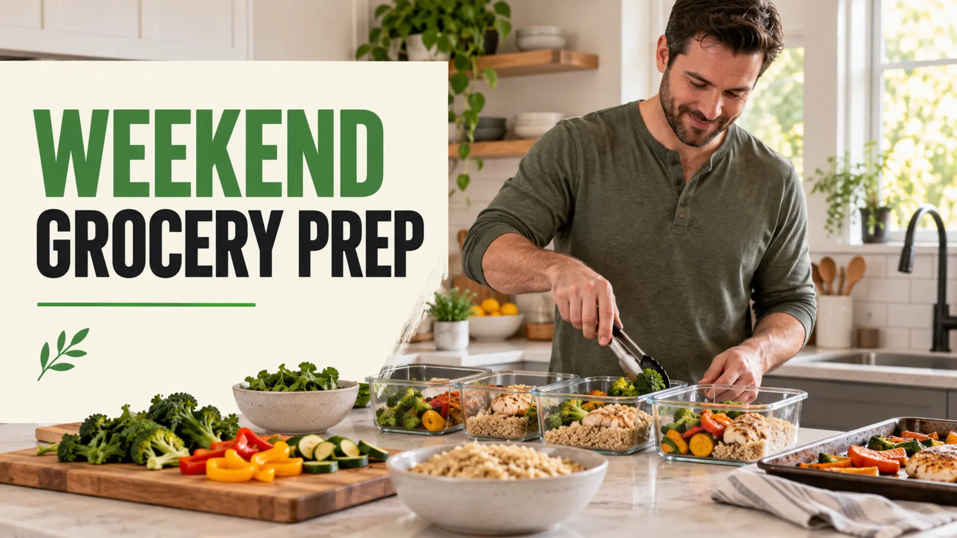 Weekend grocery prep with vegetables, grains and family meal containers