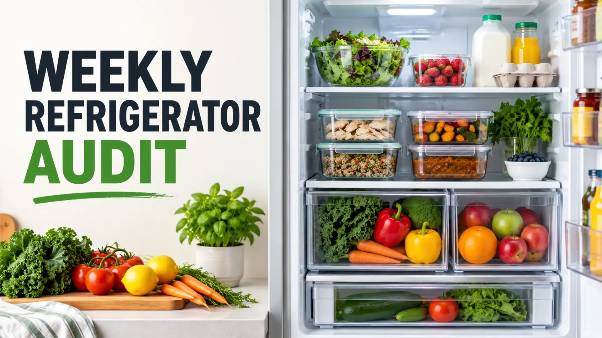 Weekly refrigerator audit showing organized produce, leftovers, dairy and meal containers