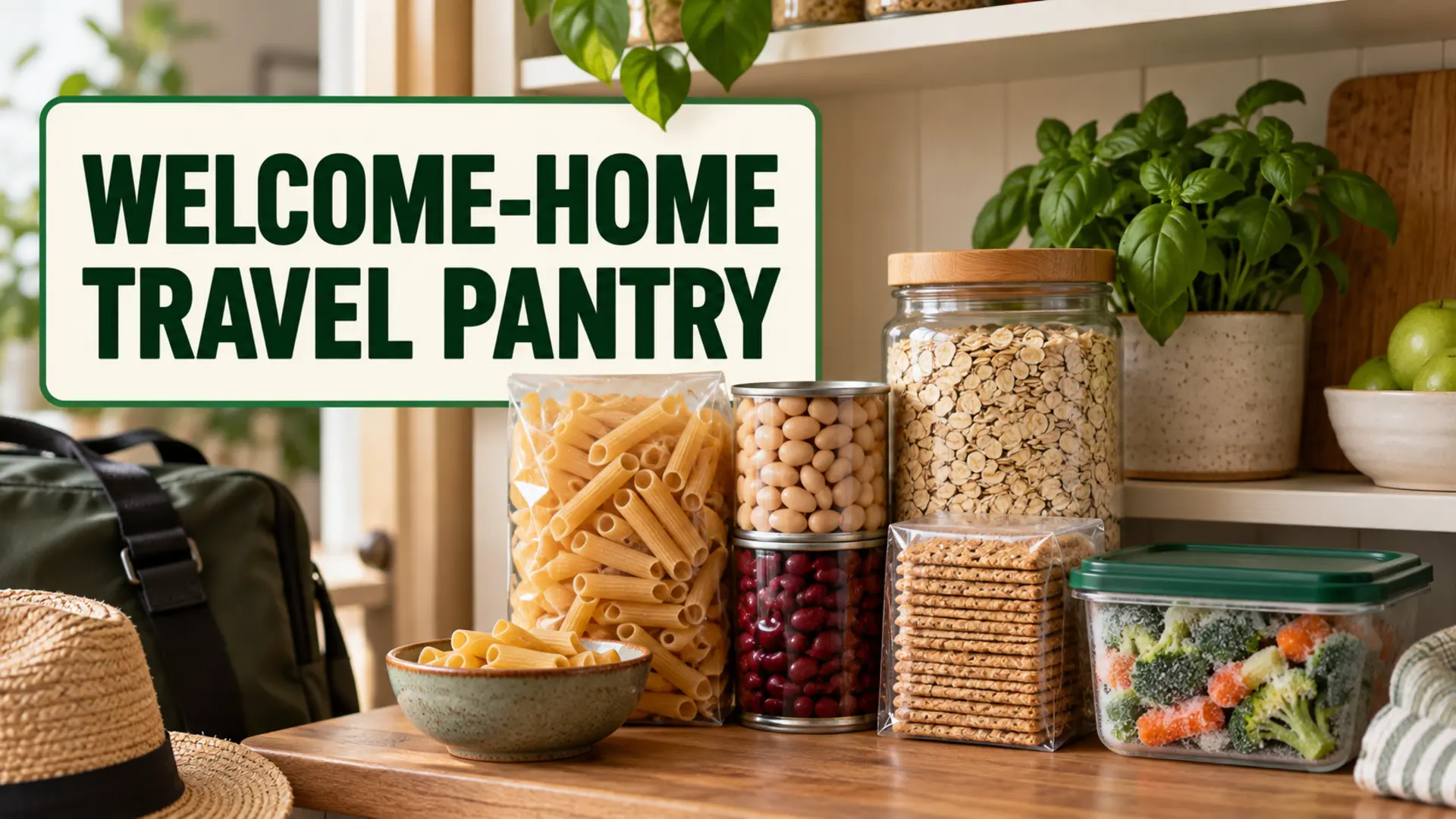 Welcome-home travel pantry with pasta, beans, oats, crackers and a freezer meal