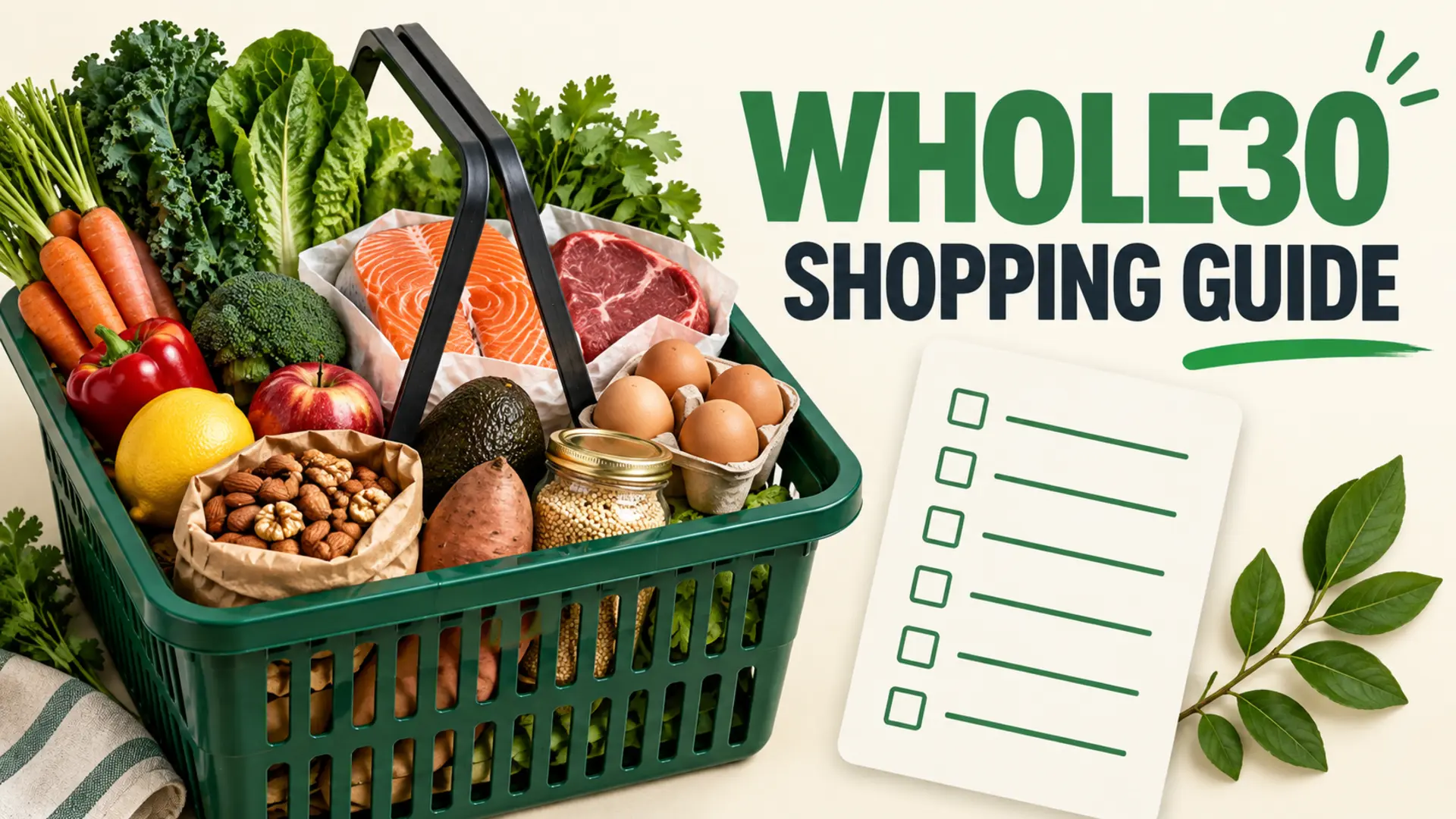 Whole30 shopping guide with vegetables, fruit, eggs, fish, meat, nuts and a generic ingredient checklist