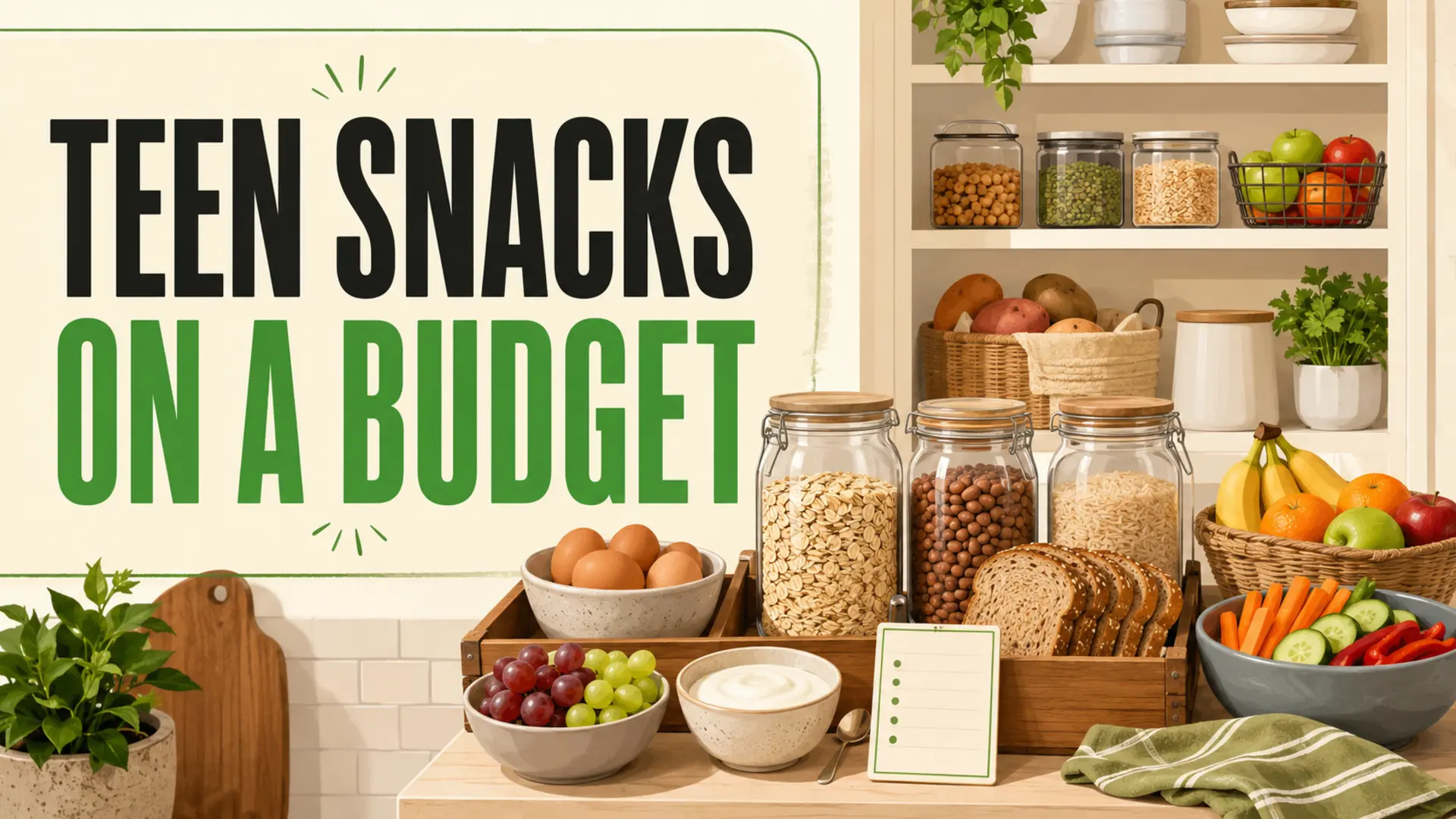 Organized family grocery planning station with meal notes, produce, pantry staples, and reusable shopping bags