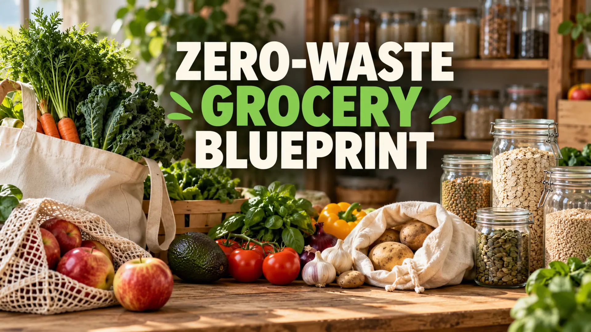 Zero-waste grocery blueprint with loose produce, reusable bags, jars and pantry staples